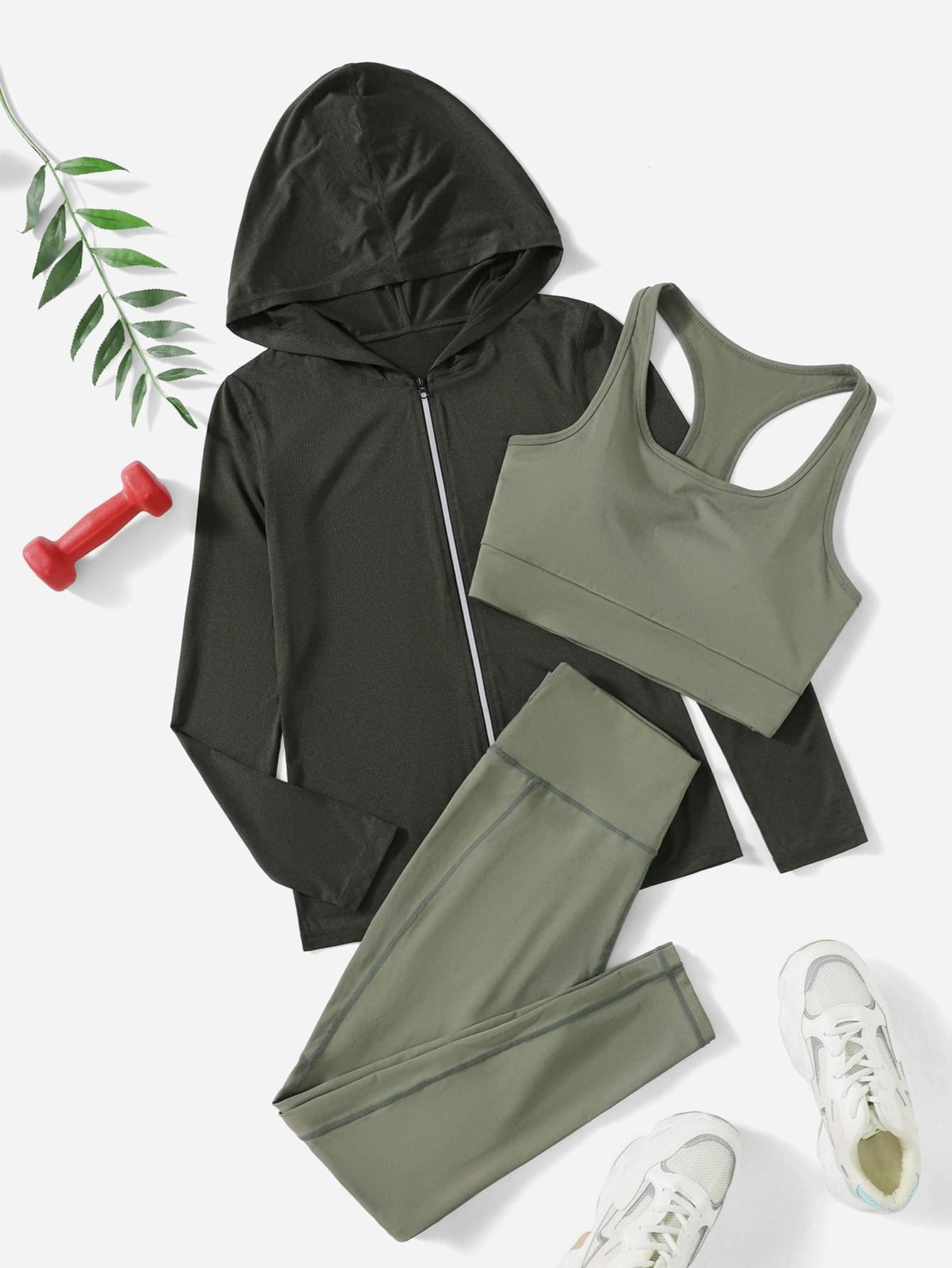 SHEIN طقم رياضي نسائي 3 قطع – أخضر عسكري