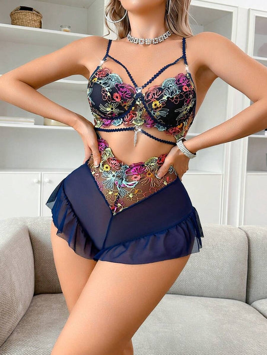 SHEIN طقم لانجري قطعتين بلون أزرق بحري أنيق