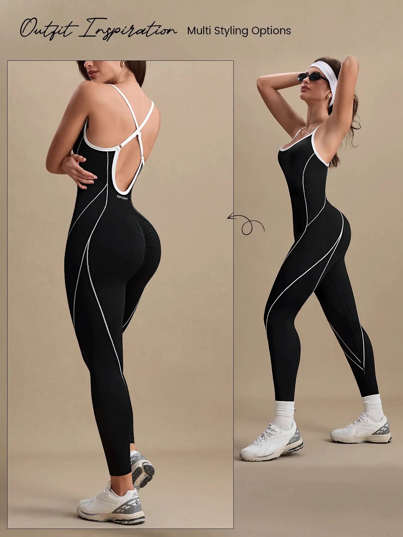 SHEIN جمبسوت رياضي موحد اللون أسود وأبيض