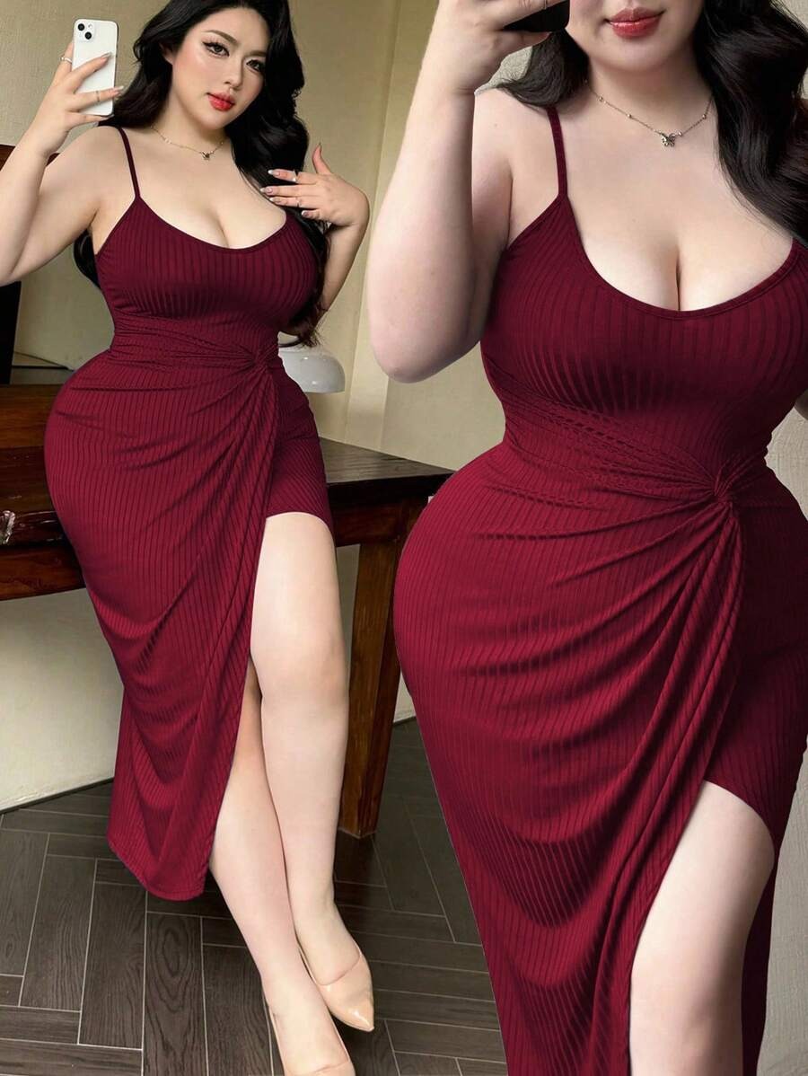 SHEIN Vibekara فستان بحزام متقاطع وشق أمامي بلون عنابي
