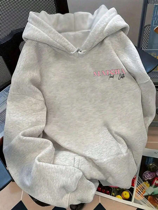 SHEIN هودي رمادي برسمة كوب الماتشا