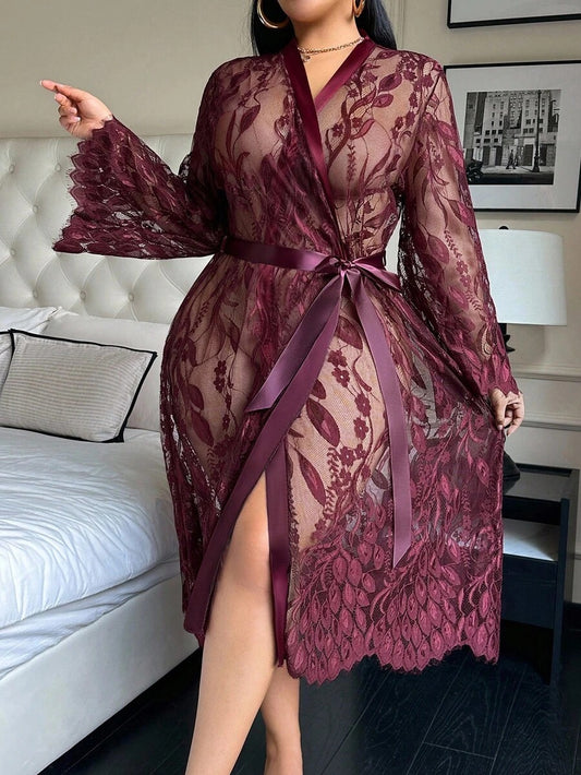 SHEIN SilkySpell رداء دانتيل شفاف طويل بلون كستنائي