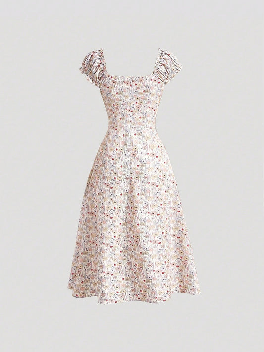 SHEIN MOD فستان بطباعة أزهار أقحوان بطية صدر وفتحة للفخذ