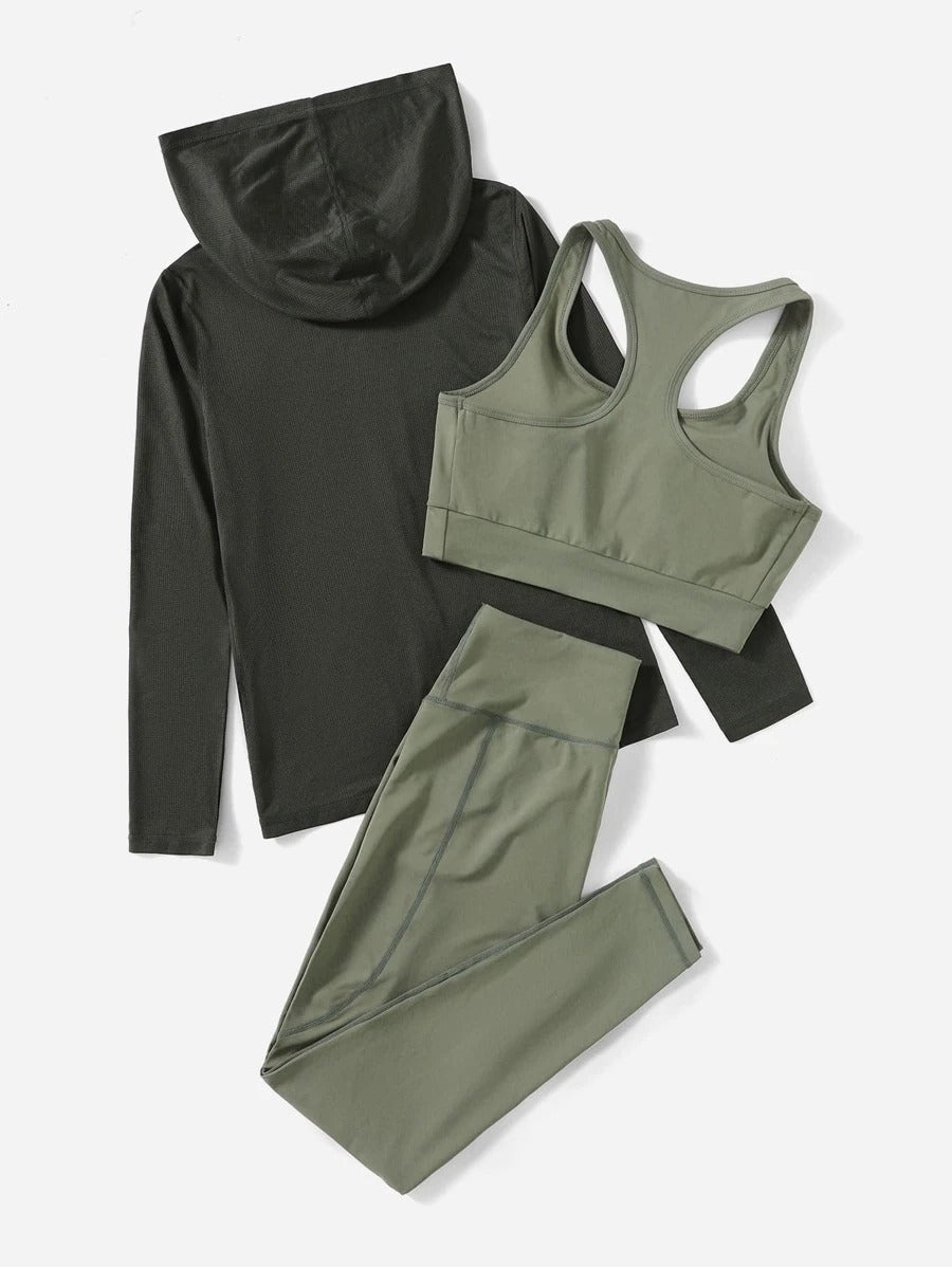 SHEIN طقم رياضي نسائي 3 قطع – أخضر عسكري