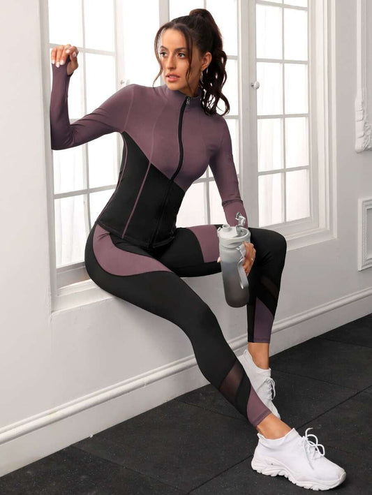 SHEIN طقم رياضي أرجواني بلونين وسحاب أمامي
