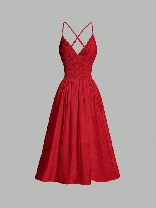 SHEIN MOD فستان سباغيتي دانتيل فينتاج احمر طويل