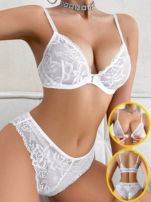 SHEIN مجموعة ملابس داخلية دانتيل أنيقة أبيض كلاسيكي