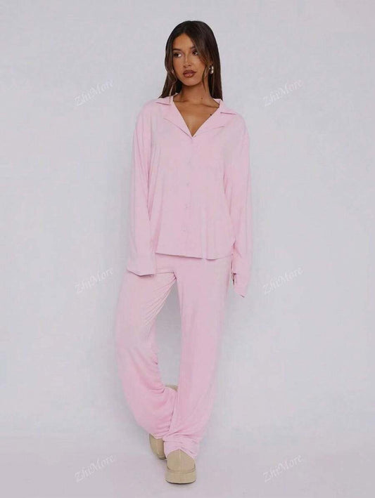 SHEIN طقم بيجامة بلون وردي سادة
