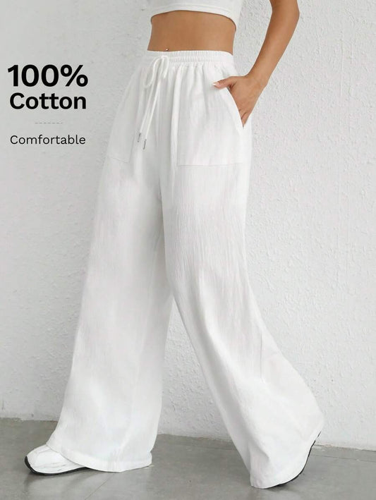 SHEIN SHEIN EZwear بنطال أبيض واسع بخصر رباط