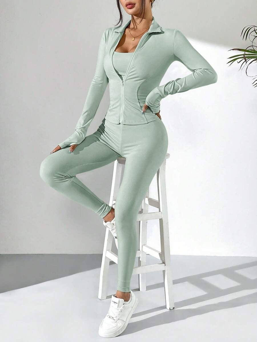 SHEIN EZwear مجموعة رياضية نسائية بلون أخضر نعناع 3 قطع