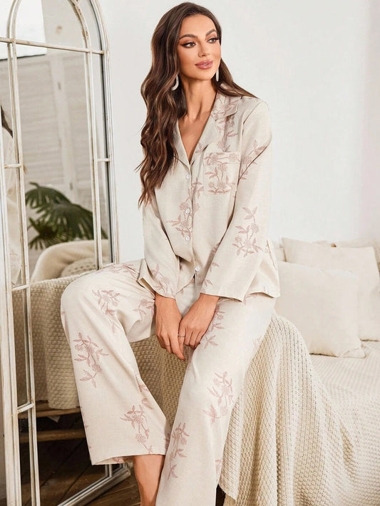 SHEIN طقم بيجامة بطبعة أزهار وياقة مقلوبة مشمشي