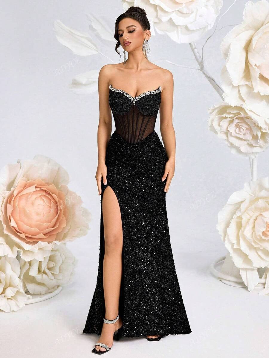 SHEIN ADYCE فستان سهرة أسود لامع أنيق وطويل