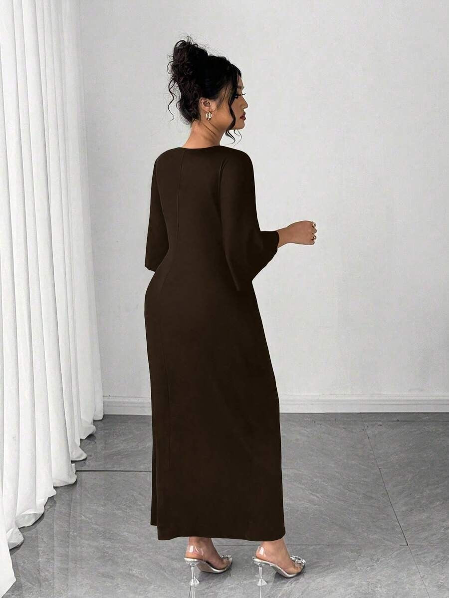 SHEIN Elenzga فستان ناعم ضيق الخصر بلون قهوة بني