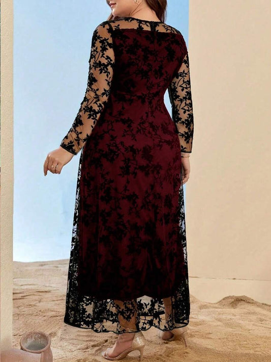 SHEIN  YI XUAN WOMENS فستان عنابي طويل أنيق بياقة دائرية