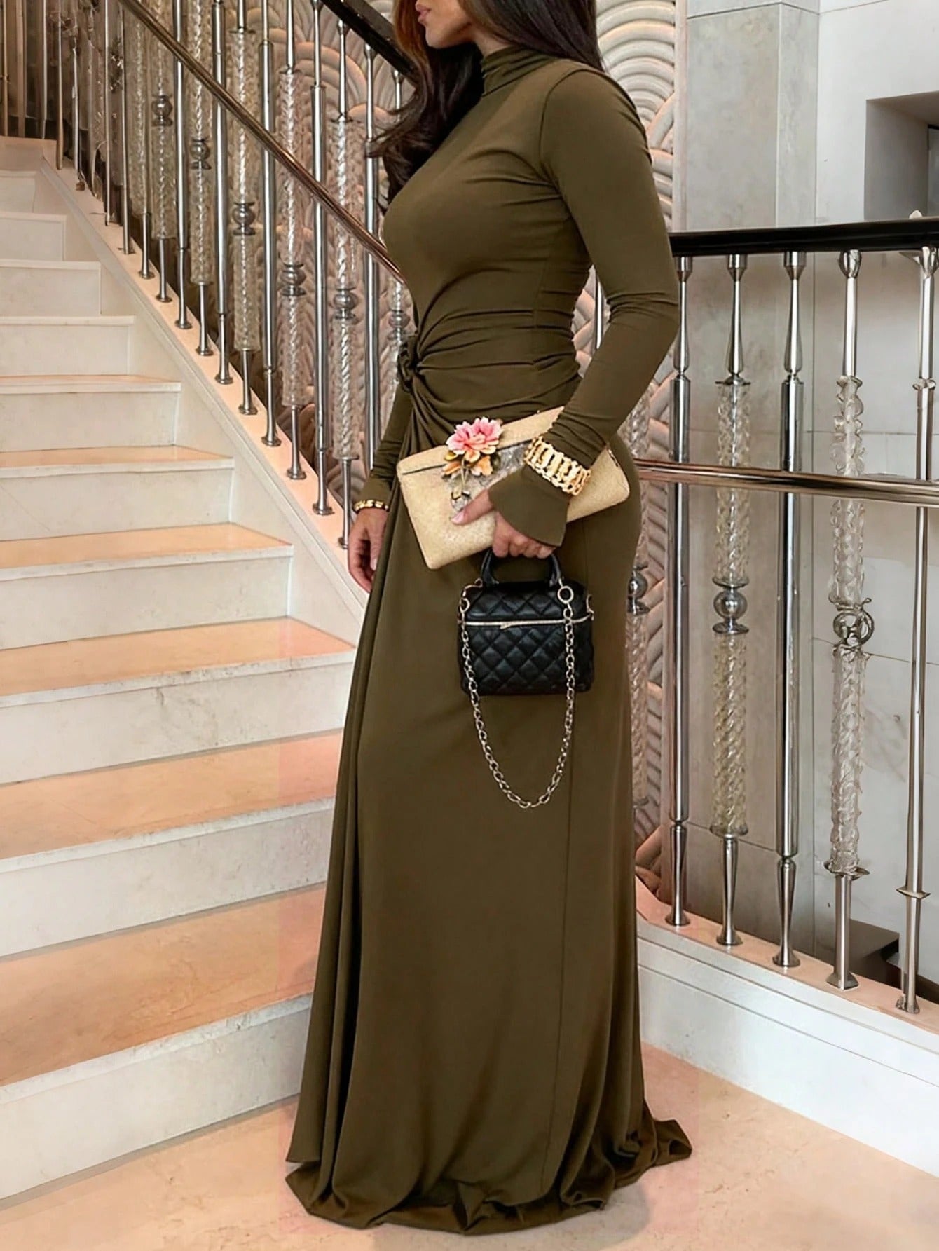 SHEIN فستان سهرة محبوك بياقة عالية مزين بزخارف زهرية ثلاثية الأبعاد
