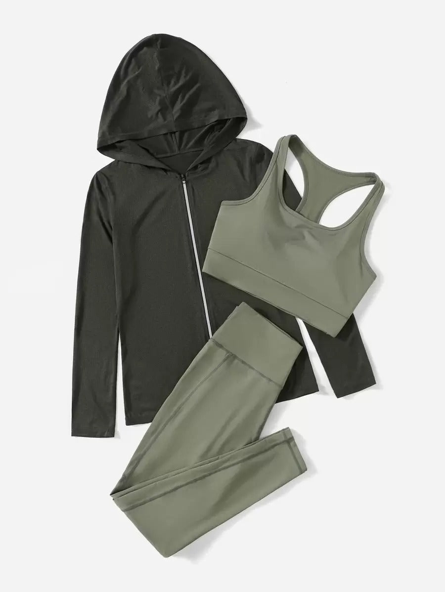 SHEIN طقم رياضي نسائي 3 قطع – أخضر عسكري