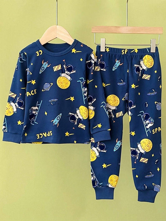 SHEIN مجموعة ملابس استرخاء للأطفال برسوم كرتونية طويلة الأكمام والبنطلون