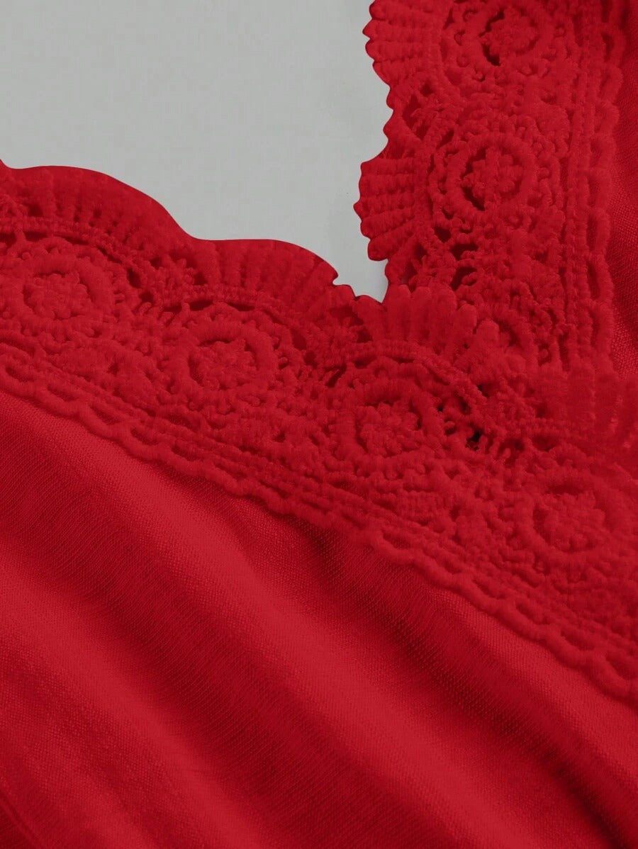 SHEIN MOD فستان سباغيتي دانتيل فينتاج احمر طويل