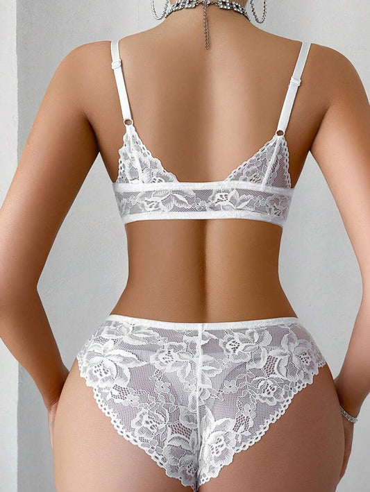 SHEIN مجموعة ملابس داخلية دانتيل أنيقة أبيض كلاسيكي