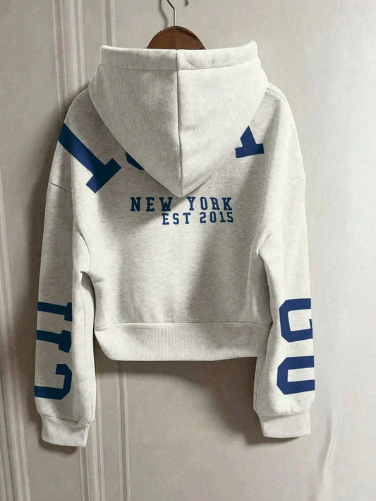 SHEIN INAWLY هودي نسائي قصير فضفاض بجيب وسحاب وأكمام طويلة