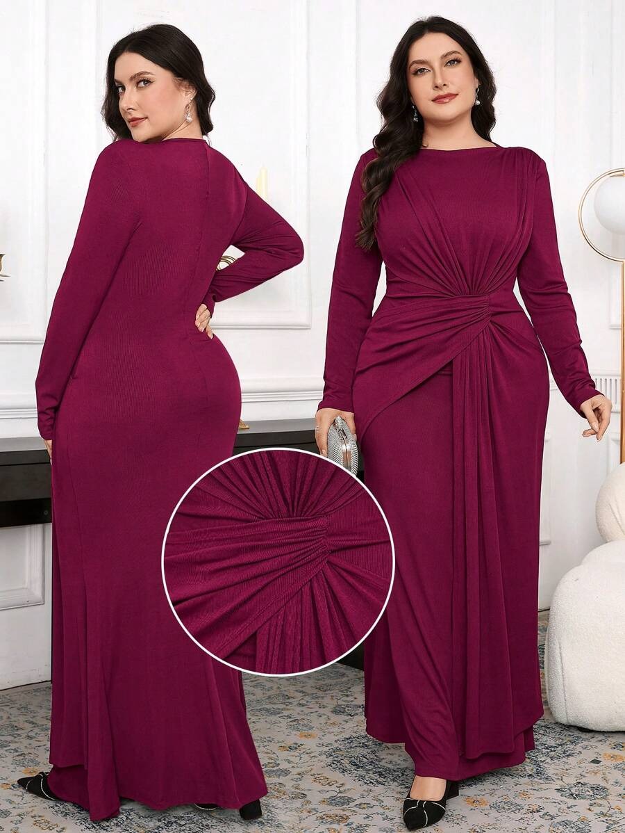 SHEIN Modelyn فستان أنيق طويل الأكمام بلون عنابي