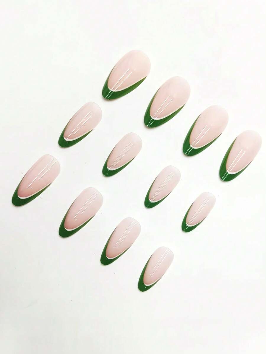 SHEIN طقم أظافر صناعية 24 قطعة لوزي أخضر وردي مع جل ومبرد
