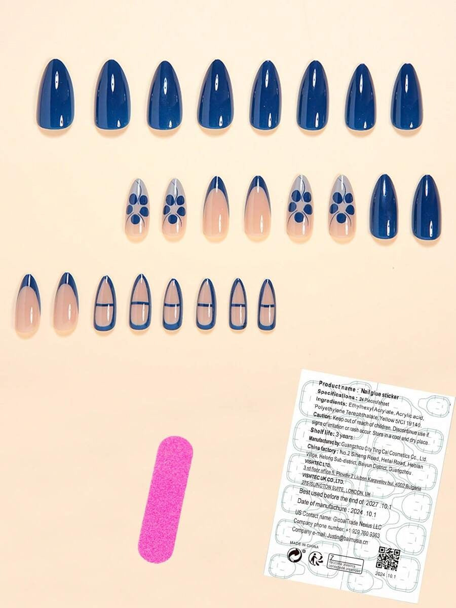 SHEIN طقم أظافر لوزية متوسطة - 24 قطعة لون أزرق داكن