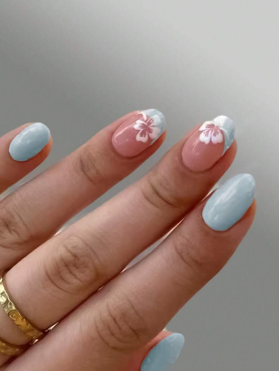 SHEIN مجموعة أظافر بيضاوية قصيرة – 24 قطعة مزينة بزهور