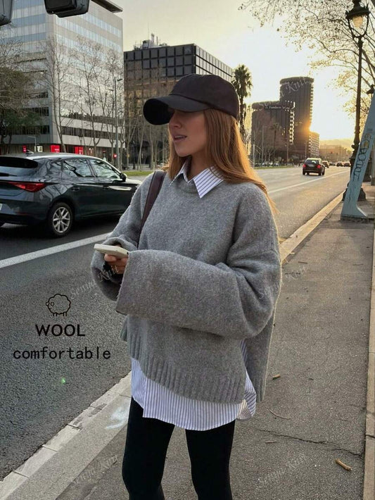 SHEIN سويتر صوف ناعم بلون رمادي غامق