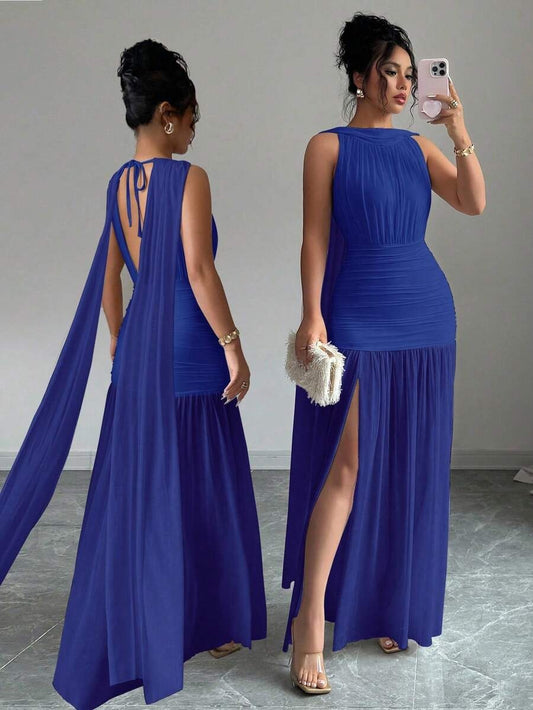 SHEIN Elenzga فستان ازرق بشق جانبي وطيات