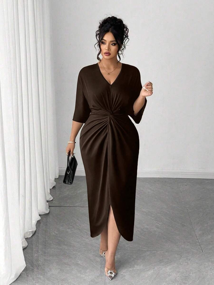 SHEIN Elenzga فستان ناعم ضيق الخصر بلون قهوة بني