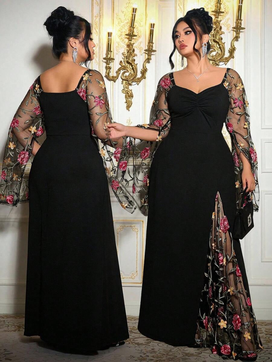 SHEIN Roveilla فستان طويل أسود مطرز بالزهور