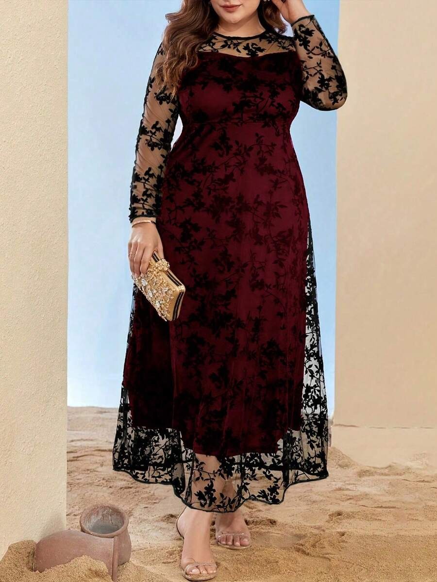 SHEIN  YI XUAN WOMENS فستان عنابي طويل أنيق بياقة دائرية