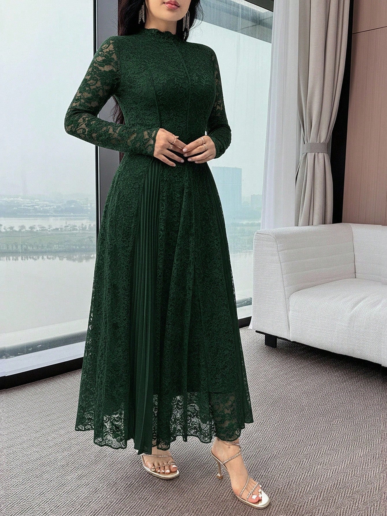 SHEIN Feyla فستان أنيق بلون أحادي دانتيل