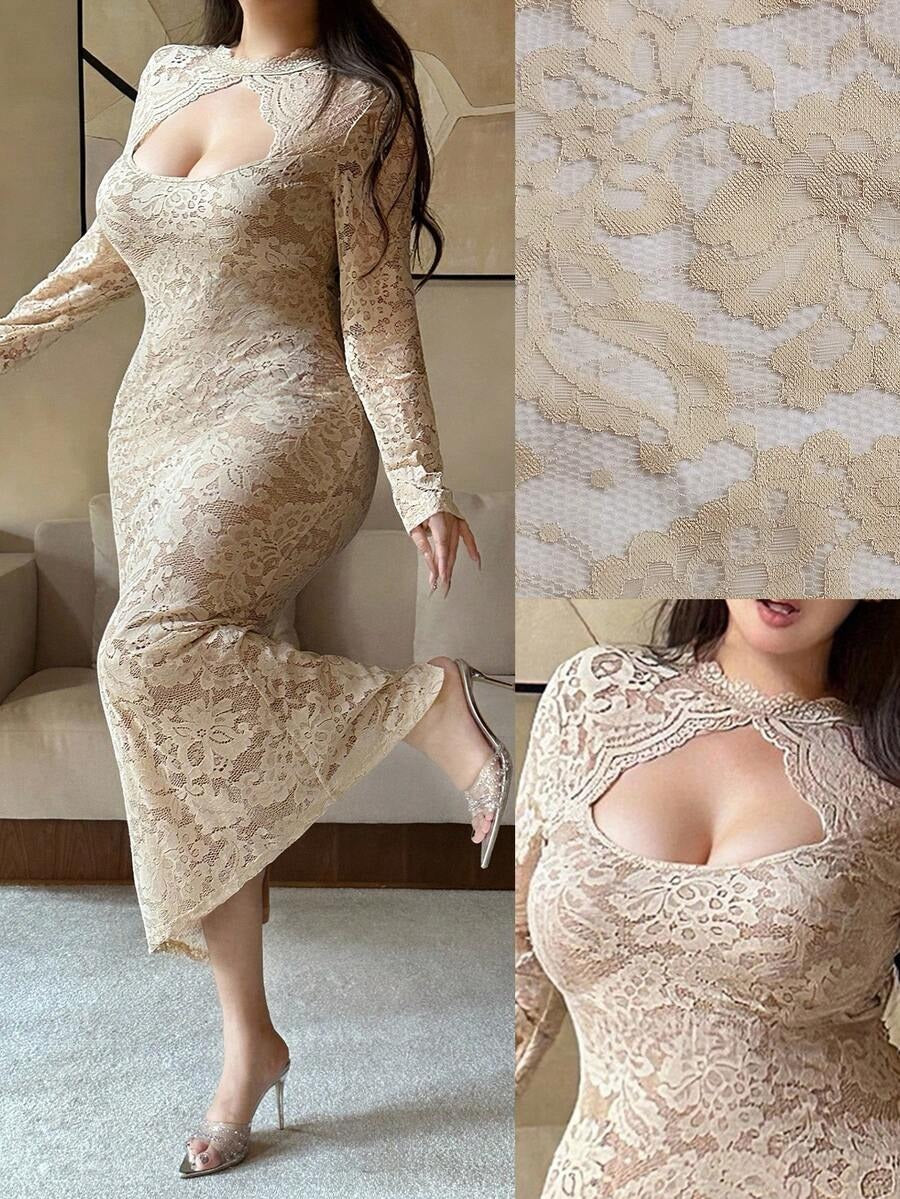 SHEIN Vibekara فستان أنيق مشمشي بحزام ودانتيل