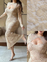 SHEIN Vibekara فستان أنيق مشمشي بحزام ودانتيل