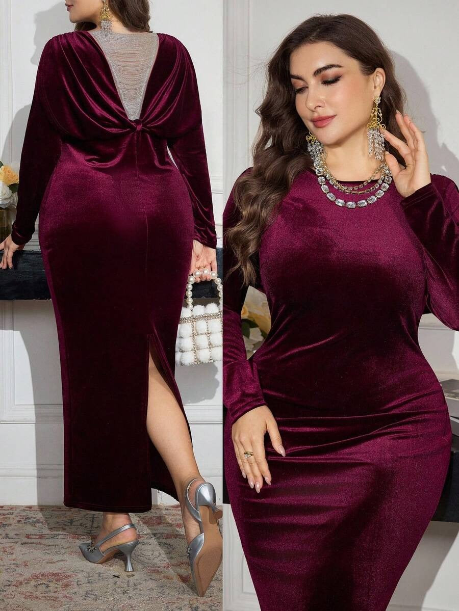SHEIN Modelyn فستان عنابي مزين باللؤلؤ من القطيفة للمقاسات الكبيرة