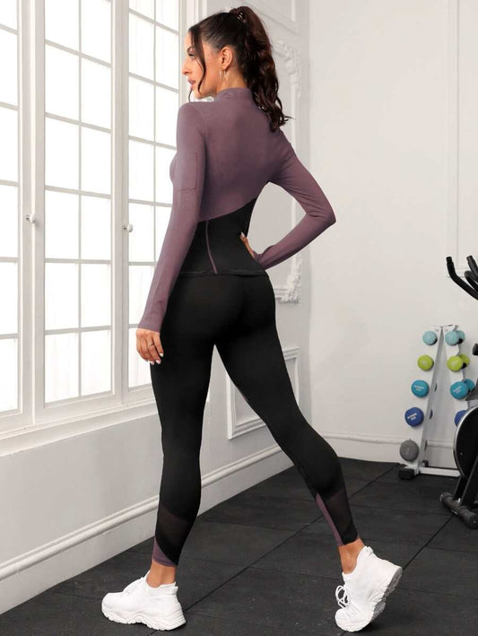 SHEIN طقم رياضي أرجواني بلونين وسحاب أمامي