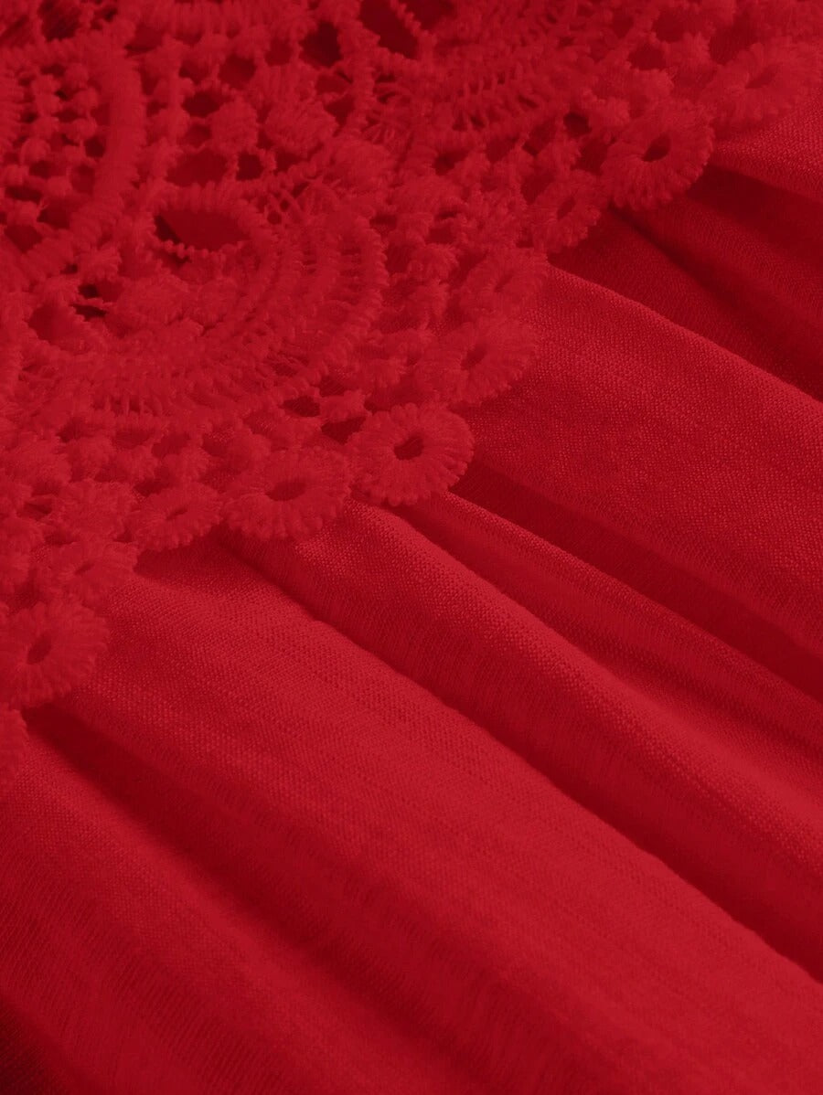 SHEIN MOD فستان سباغيتي دانتيل فينتاج احمر طويل