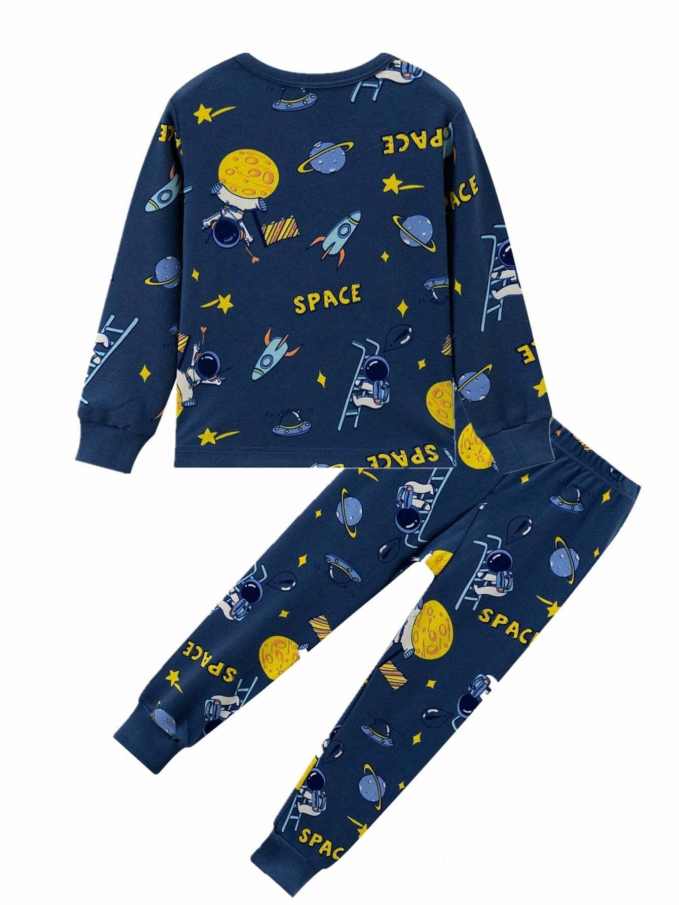 SHEIN مجموعة ملابس استرخاء للأطفال برسوم كرتونية طويلة الأكمام والبنطلون