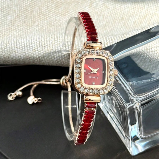 SHEIN ساعة نسائية كوارتز مرصعة بالكريستال الأحمر