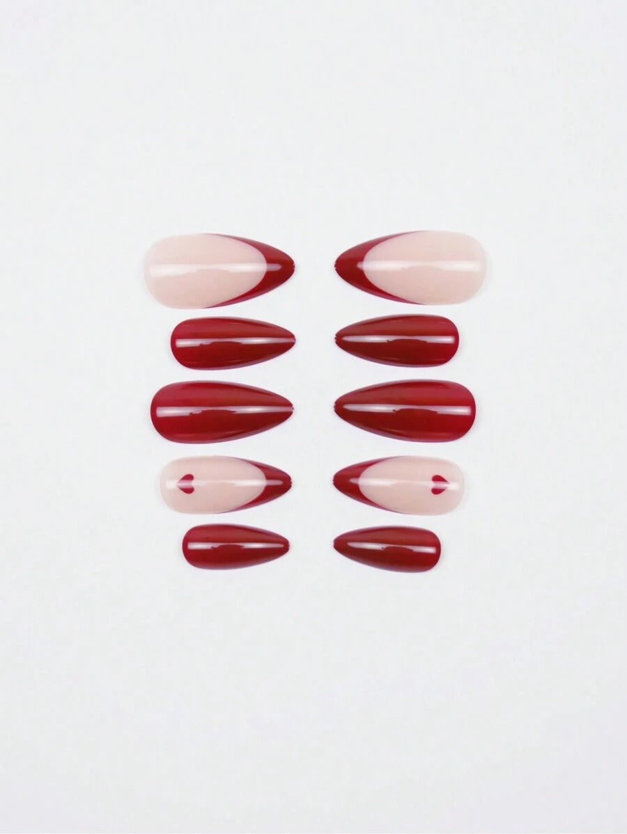 SHEIN طقم أظافر صناعية 24 قطعة لوزي أحمر قلوب مع غراء وجل