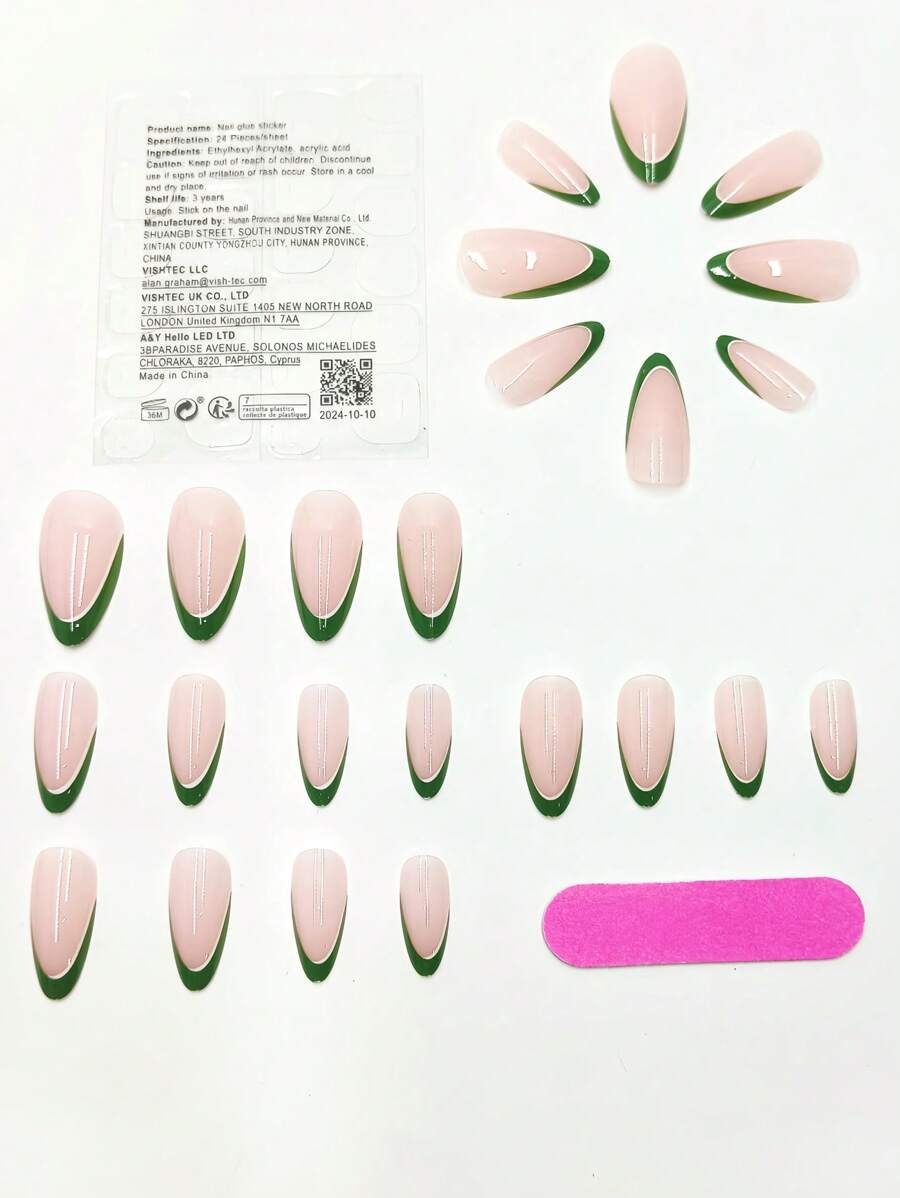 SHEIN طقم أظافر صناعية 24 قطعة لوزي أخضر وردي مع جل ومبرد