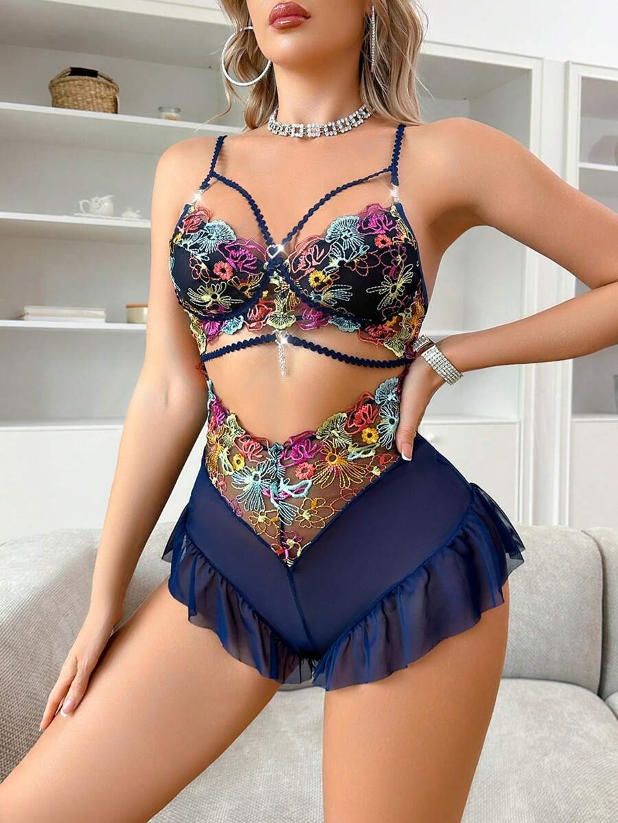SHEIN طقم لانجري قطعتين بلون أزرق بحري أنيق