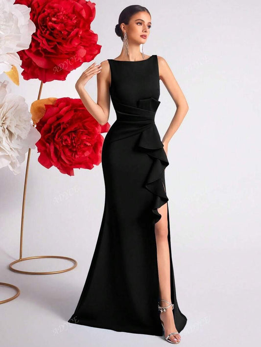SHEIN ADYCE فستان سهرة أسود ضيق بكشكشة