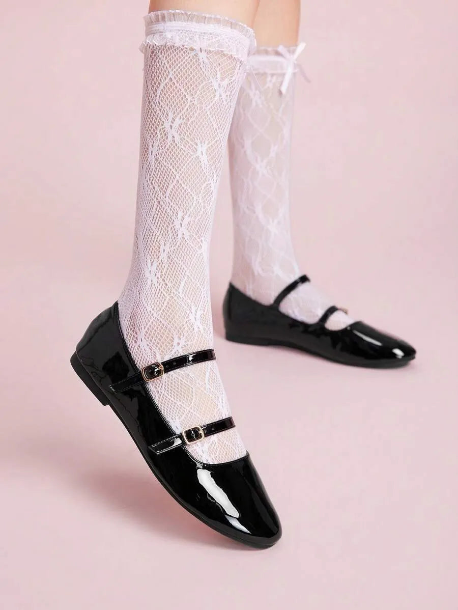 SHEIN CUCCOO DOLLMOD أحذية نسائية مسطحة ماري جين سوداء بحزامين