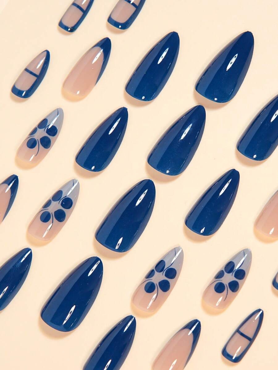SHEIN طقم أظافر لوزية متوسطة - 24 قطعة لون أزرق داكن