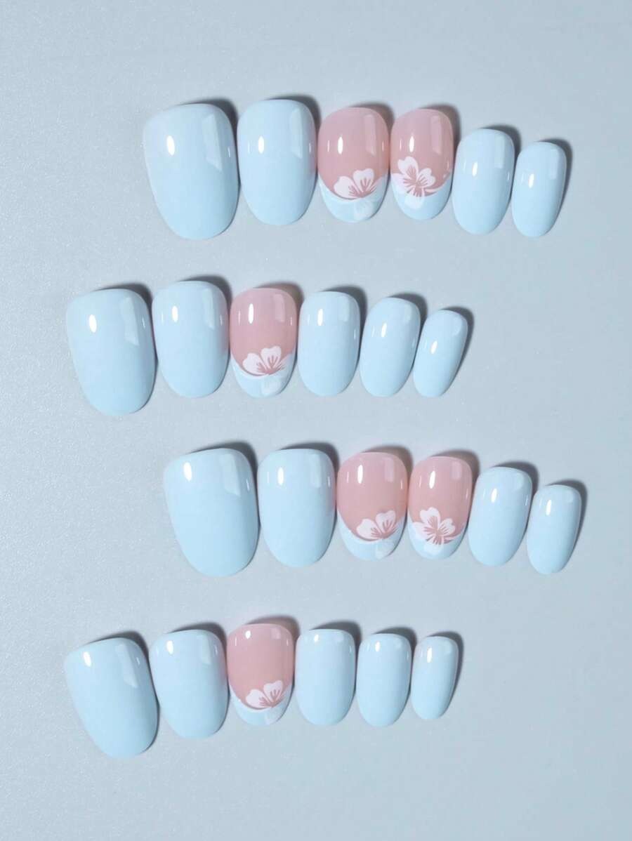 SHEIN مجموعة أظافر بيضاوية قصيرة – 24 قطعة مزينة بزهور