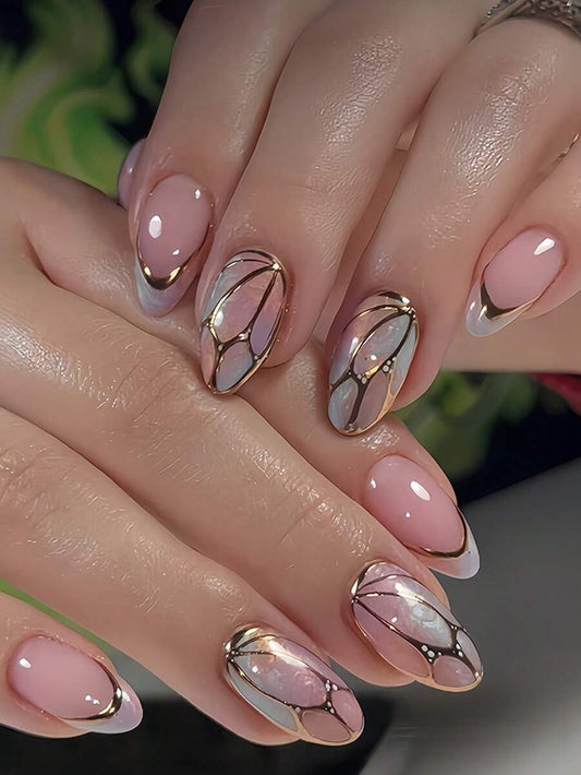 SHEIN مجموعة أظافر لوزية – 24 قطعة بتدرج وردي وأزرق وخطوط ذهبية