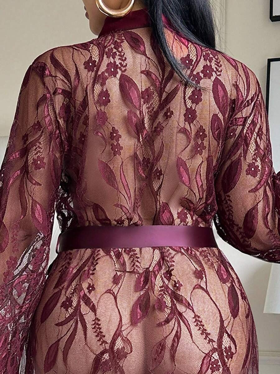 SHEIN SilkySpell رداء دانتيل شفاف طويل بلون كستنائي